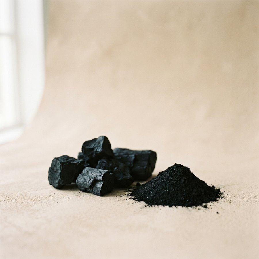 Activated coconut-shell charcoal chunks and fine black powder
