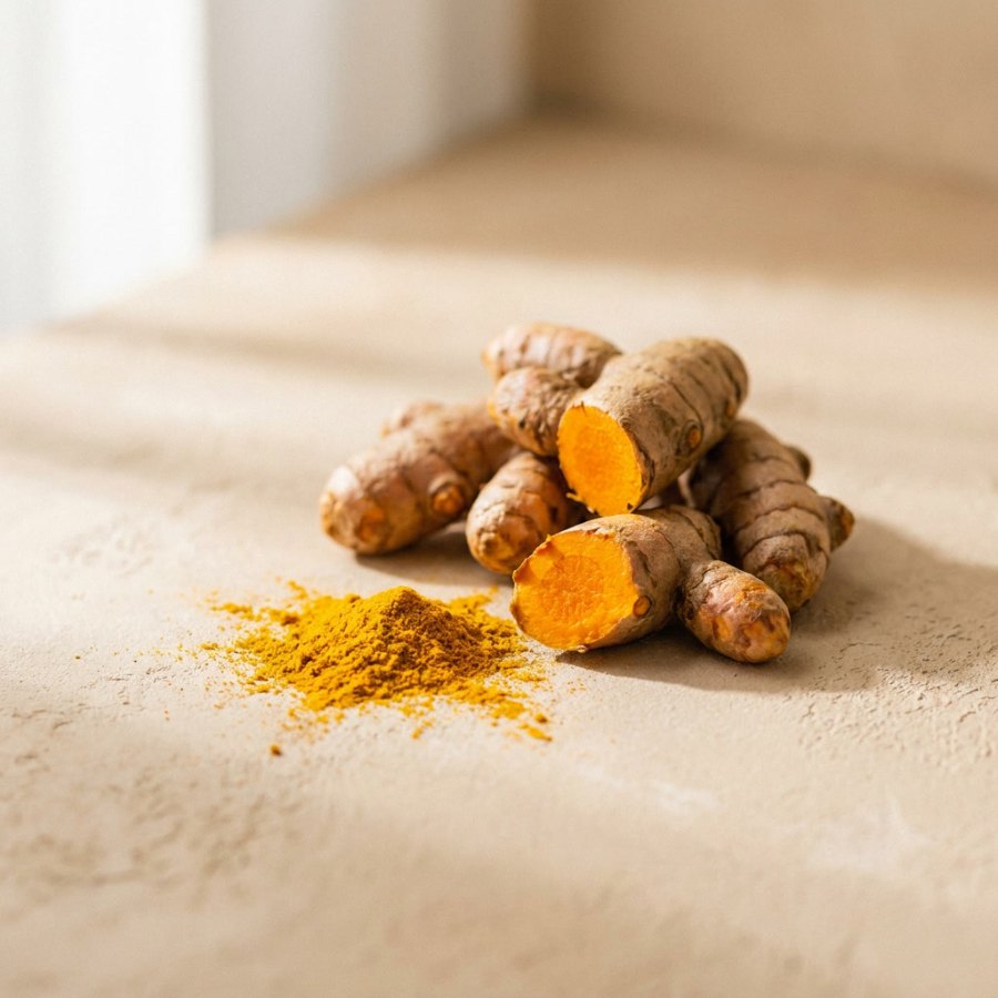 Fresh turmeric root broken open beside golden turmeric powder